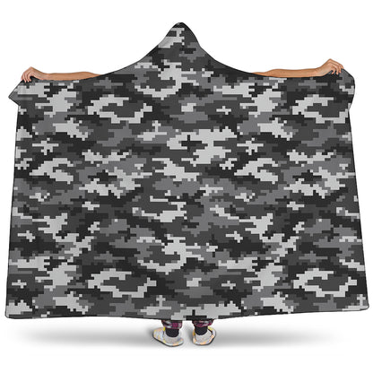 Black White And Grey Digital Camo Print Hooded Blanket