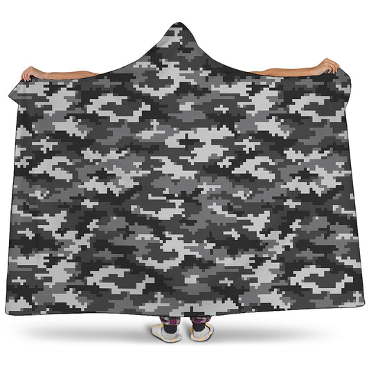 Black White And Grey Digital Camo Print Hooded Blanket