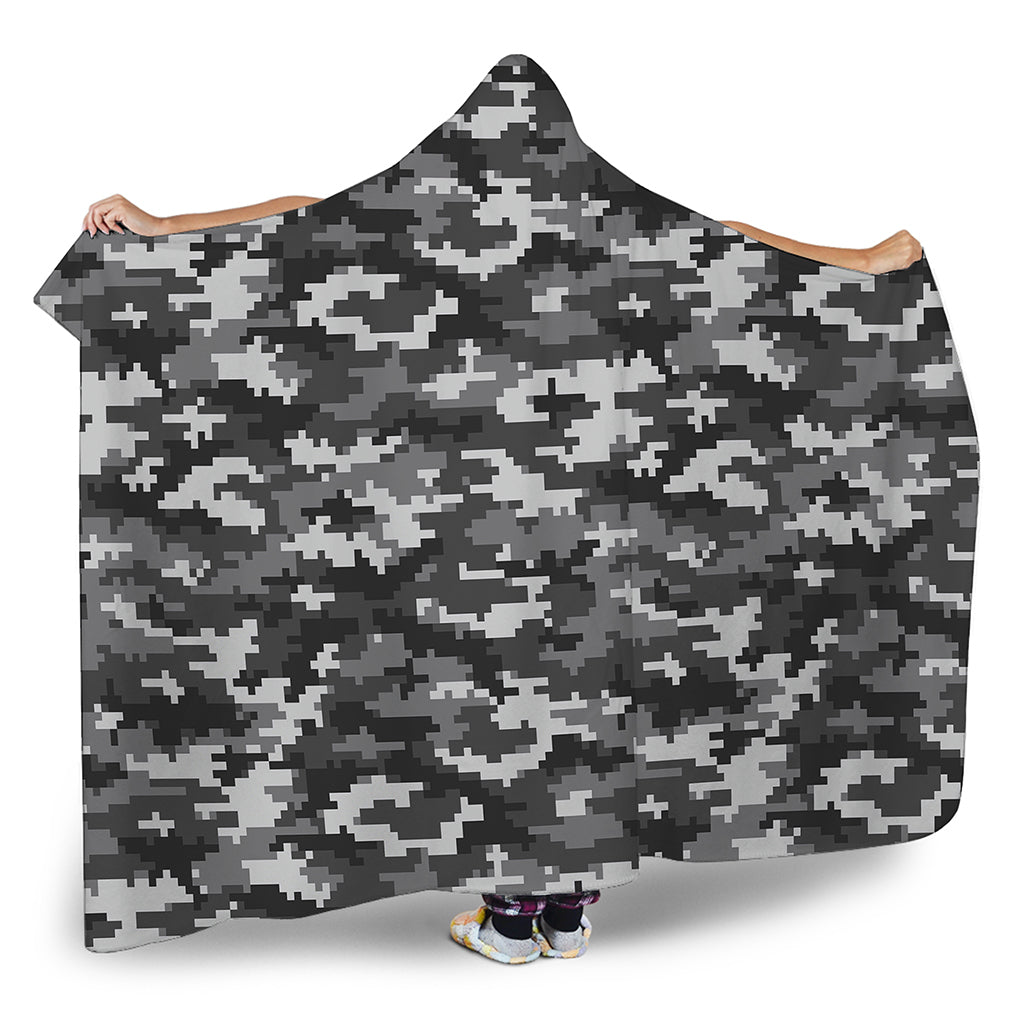 Black White And Grey Digital Camo Print Hooded Blanket