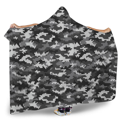 Black White And Grey Digital Camo Print Hooded Blanket