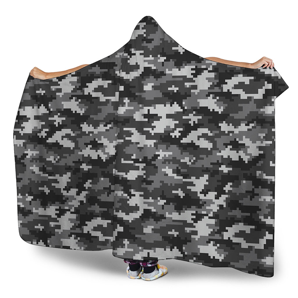 Black White And Grey Digital Camo Print Hooded Blanket