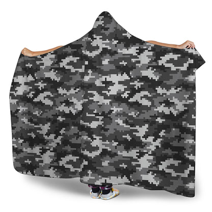 Black White And Grey Digital Camo Print Hooded Blanket