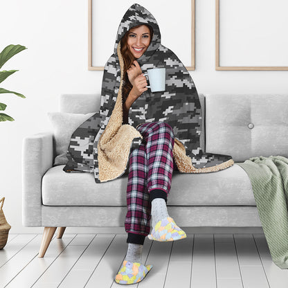 Black White And Grey Digital Camo Print Hooded Blanket