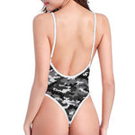 Black White And Grey Digital Camo Print One Piece High Cut Swimsuit