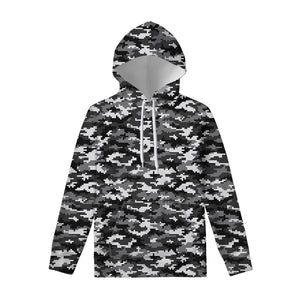 Black White And Grey Digital Camo Print Pullover Hoodie