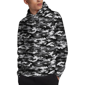 Black White And Grey Digital Camo Print Pullover Hoodie