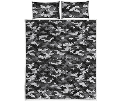 Black White And Grey Digital Camo Print Quilt Bed Set