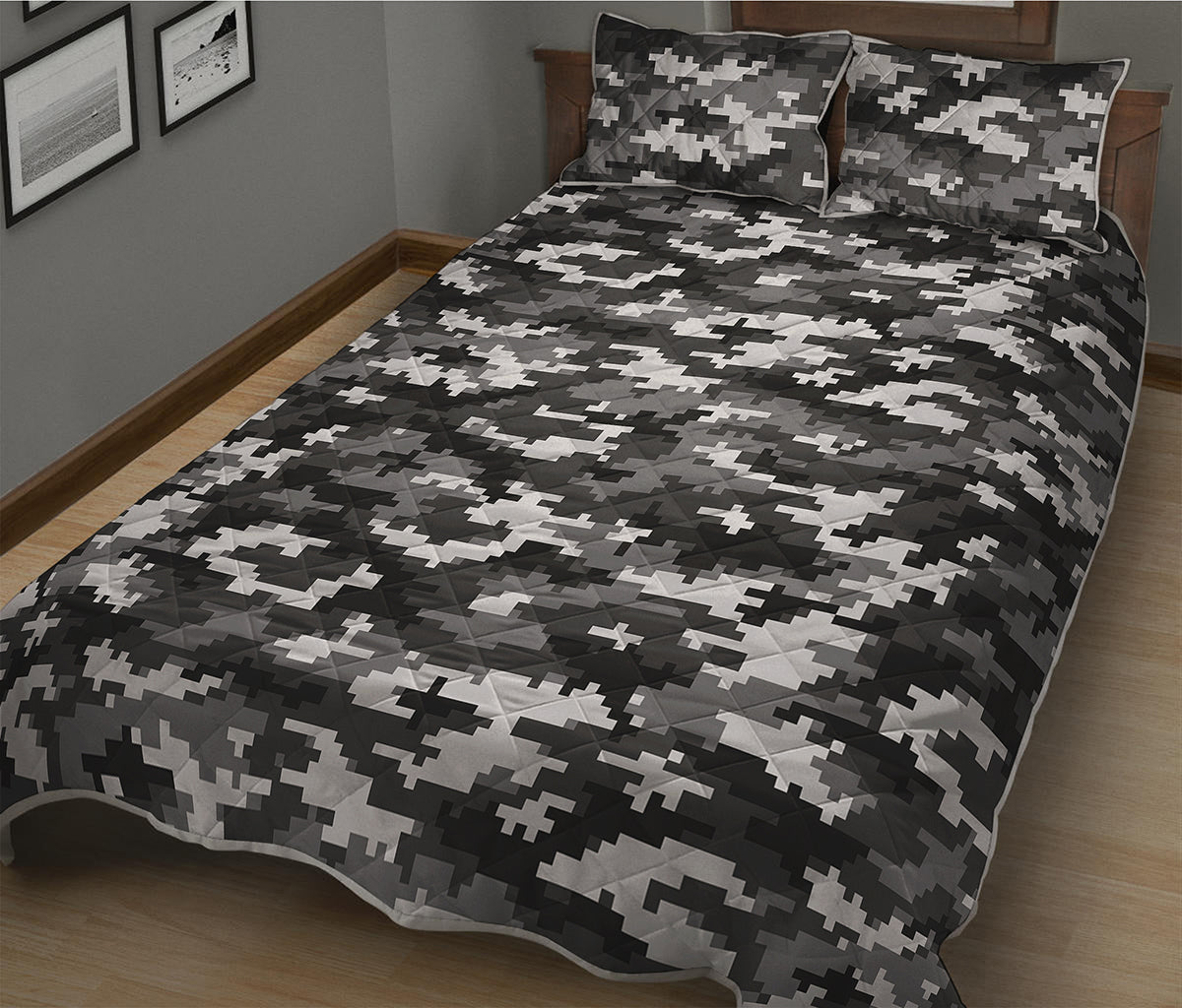 Black White And Grey Digital Camo Print Quilt Bed Set