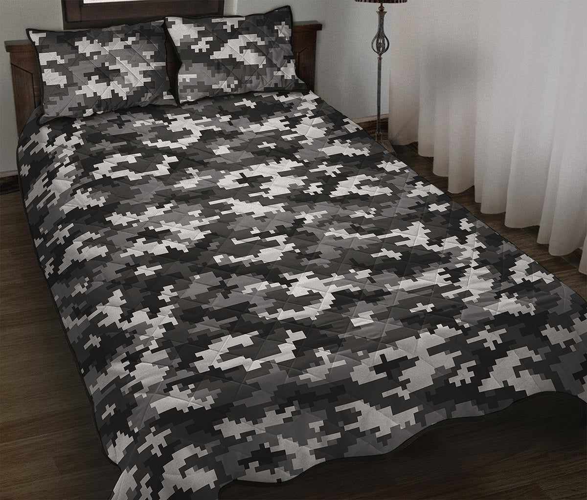 Black White And Grey Digital Camo Print Quilt Bed Set