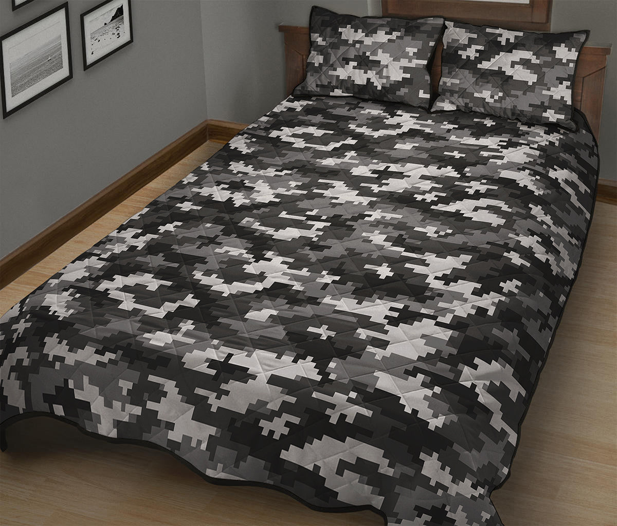 Black White And Grey Digital Camo Print Quilt Bed Set