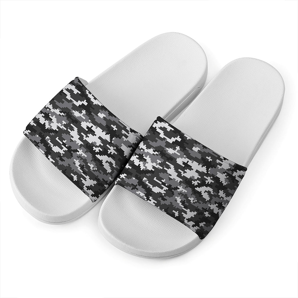 Black White And Grey Digital Camo Print White Slide Sandals