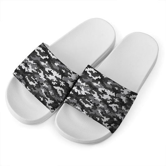 Black White And Grey Digital Camo Print White Slide Sandals