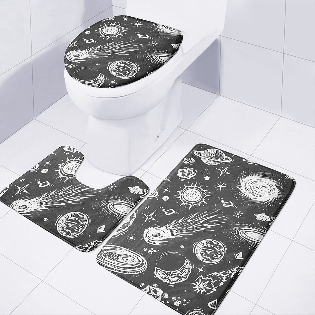 Black White Galaxy Outer Space Print 3 Piece Bath Mat Set