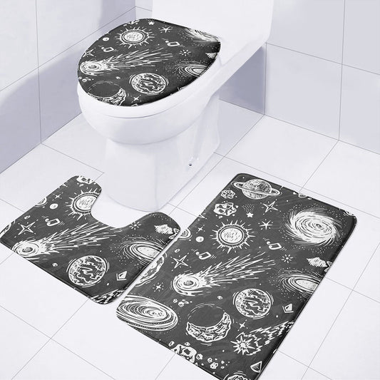 Black White Galaxy Outer Space Print 3 Piece Bath Mat Set