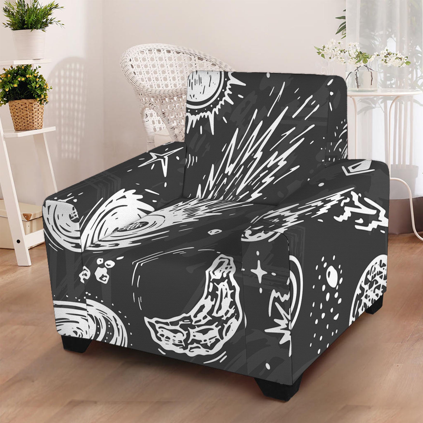 Black White Galaxy Outer Space Print Armchair Slipcover