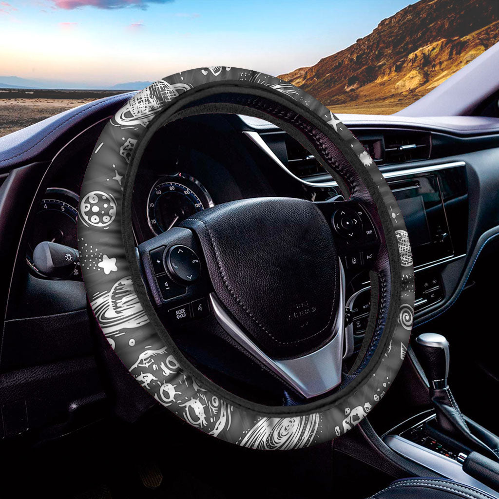 Black White Galaxy Outer Space Print Car Steering Wheel Cover