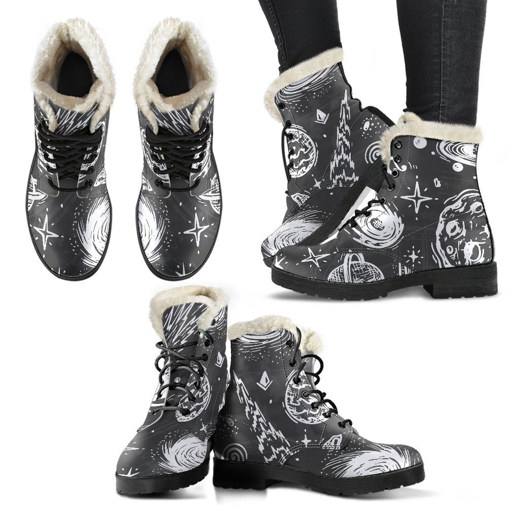 Black White Galaxy Outer Space Print Comfy Boots GearFrost