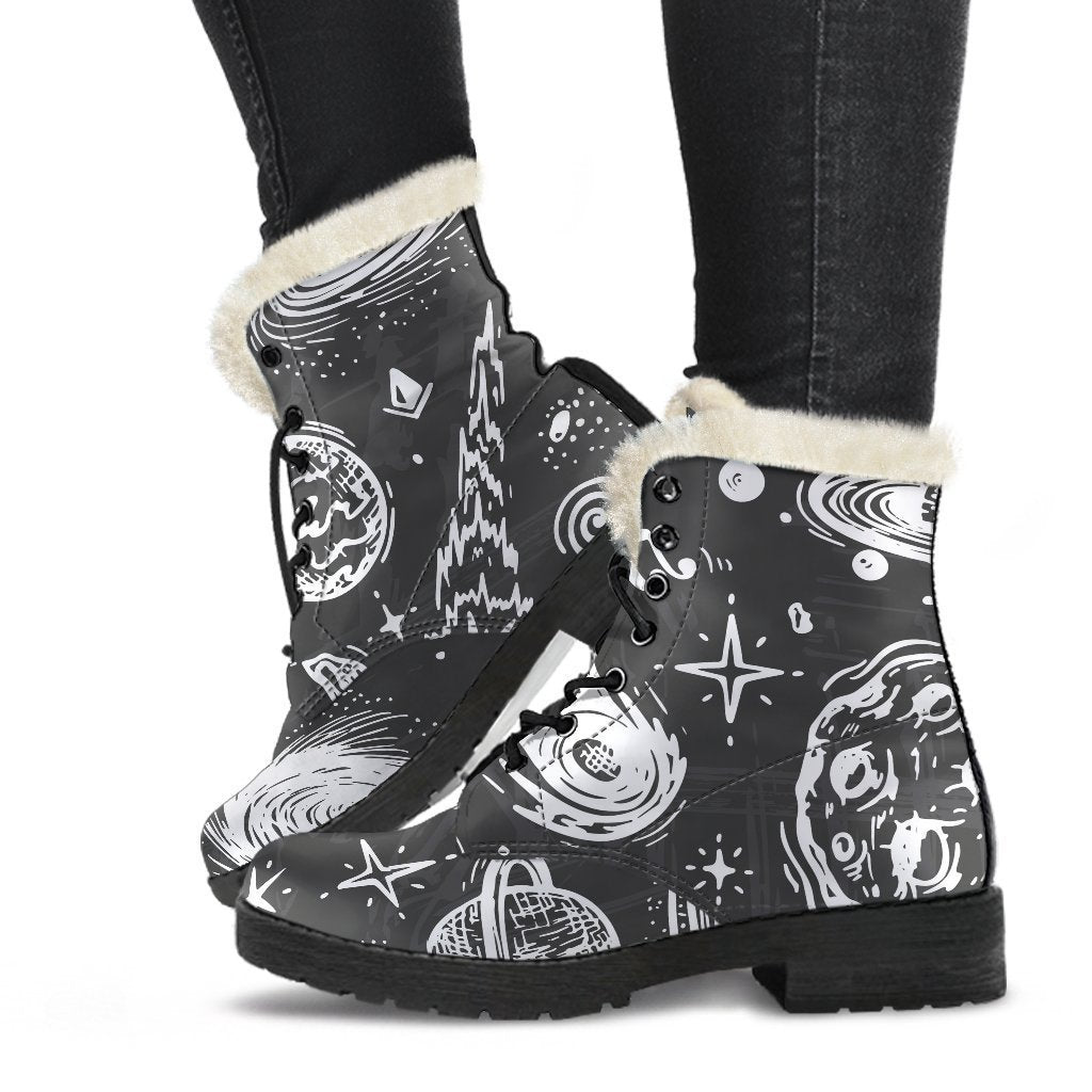 Black White Galaxy Outer Space Print Comfy Boots GearFrost