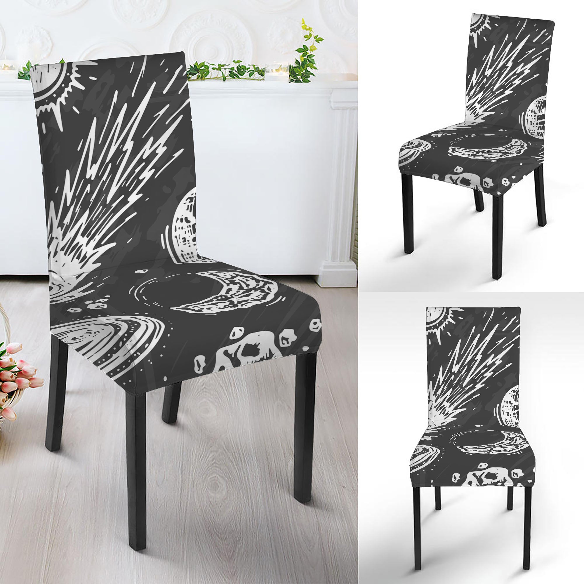 Black White Galaxy Outer Space Print Dining Chair Slipcover