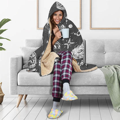Black White Galaxy Outer Space Print Hooded Blanket