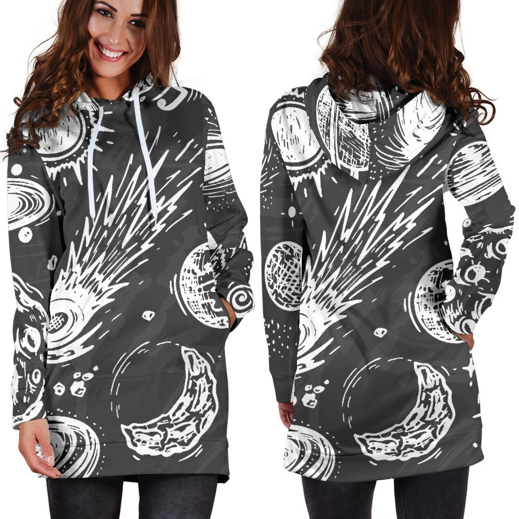 Black White Galaxy Outer Space Print Hoodie Dress GearFrost