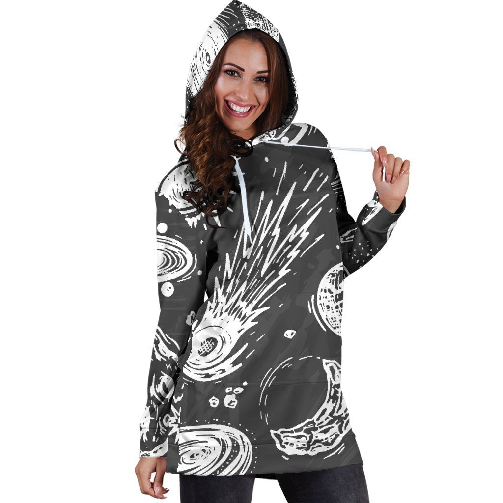 Black White Galaxy Outer Space Print Hoodie Dress GearFrost