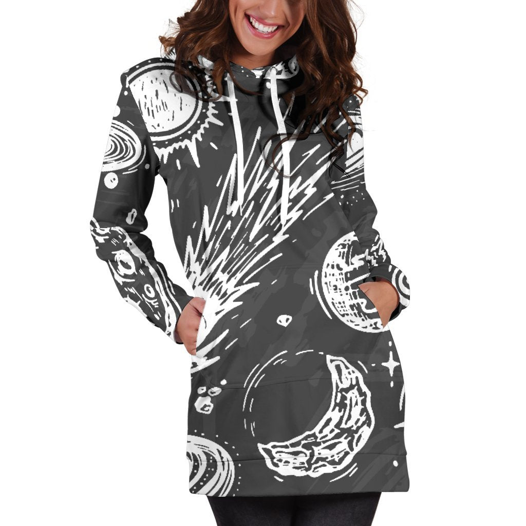 Black White Galaxy Outer Space Print Hoodie Dress GearFrost