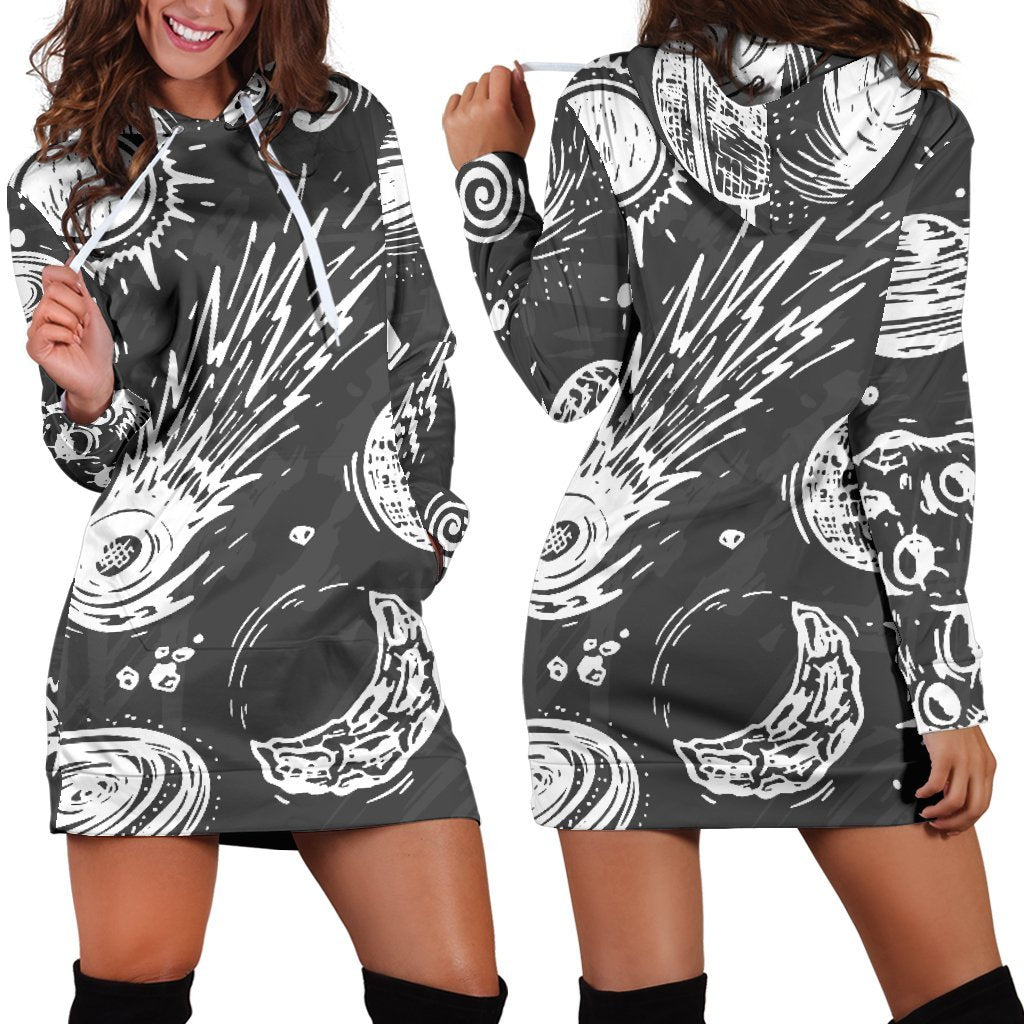 Black White Galaxy Outer Space Print Hoodie Dress GearFrost