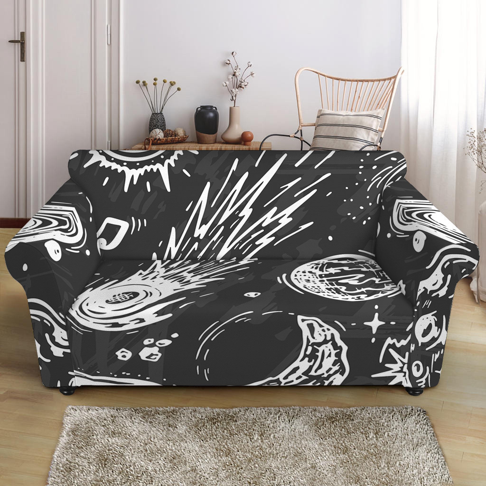 Black White Galaxy Outer Space Print Loveseat Slipcover