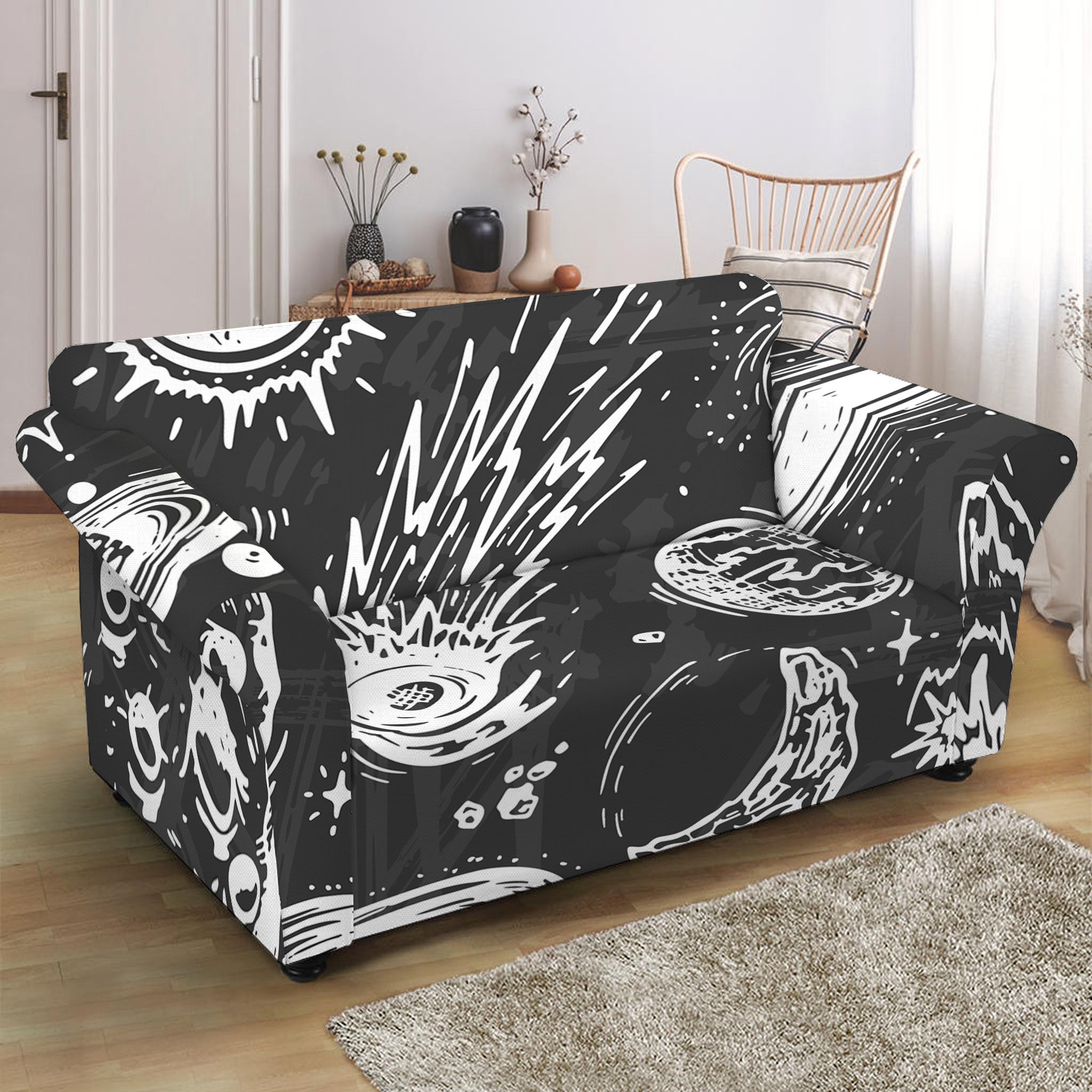 Black White Galaxy Outer Space Print Loveseat Slipcover