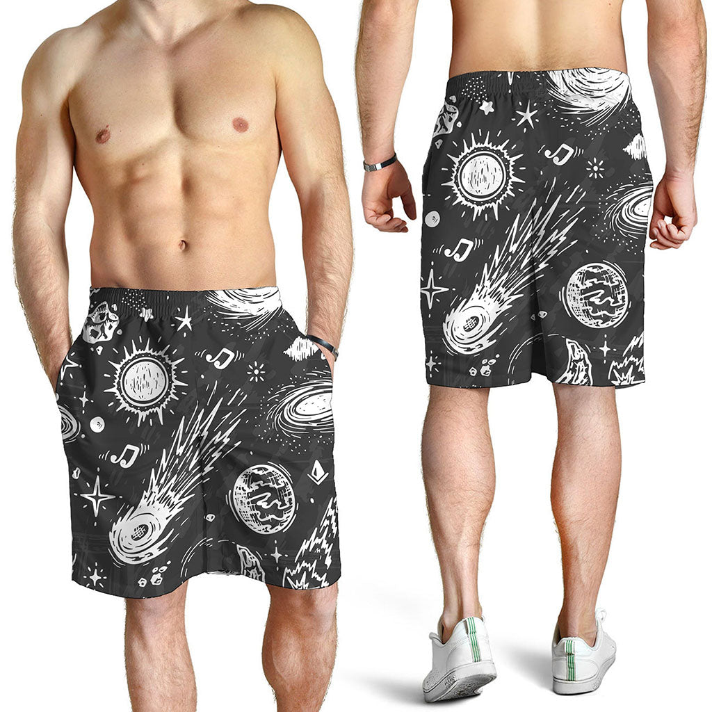 Black White Galaxy Outer Space Print Men's Shorts