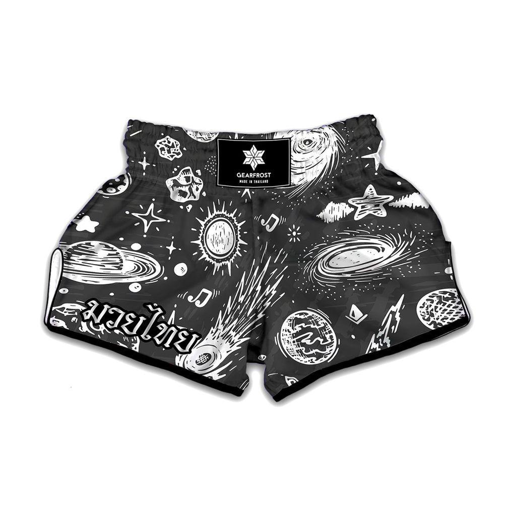 Black White Galaxy Outer Space Print Muay Thai Boxing Shorts