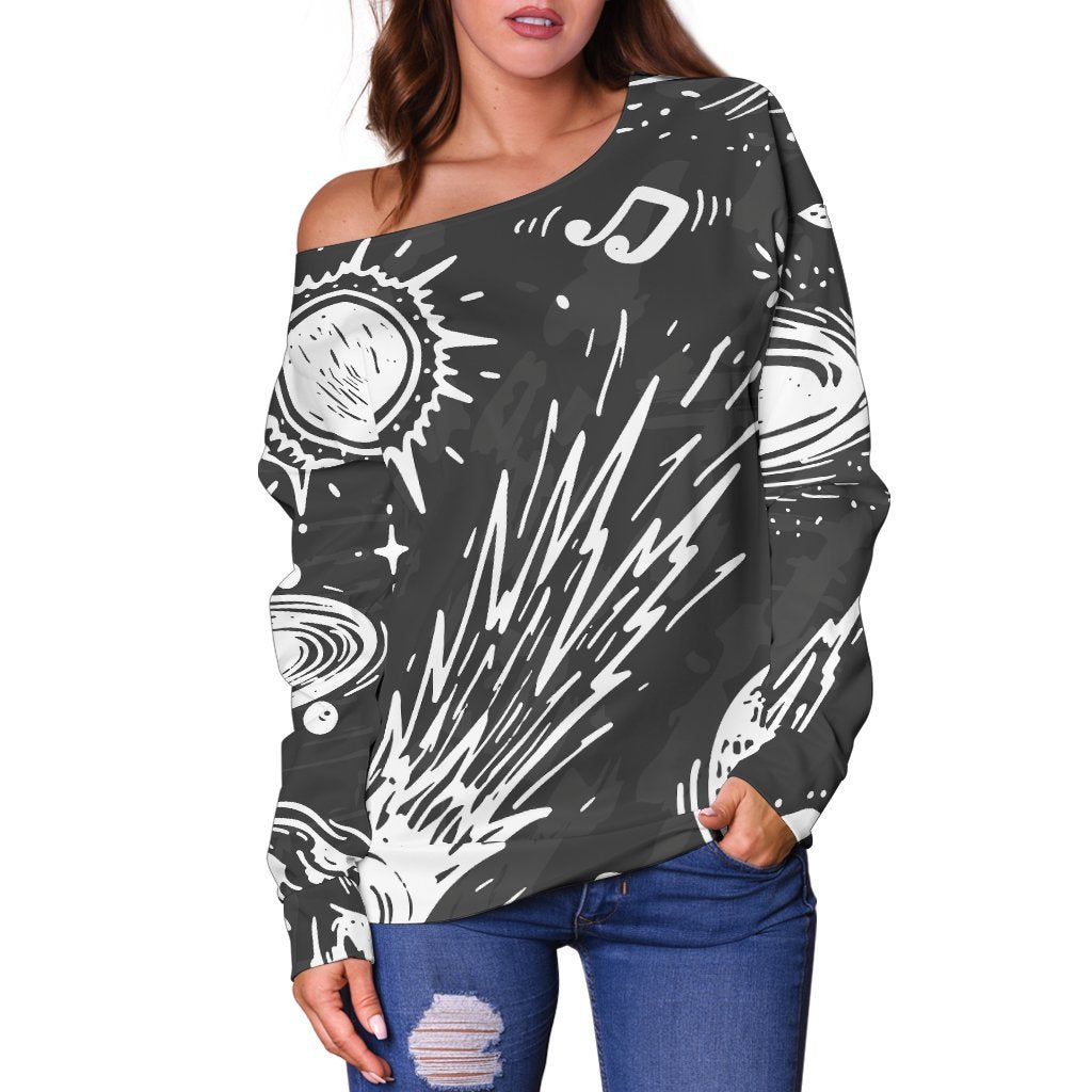 Black White Galaxy Outer Space Print Off Shoulder Sweatshirt GearFrost