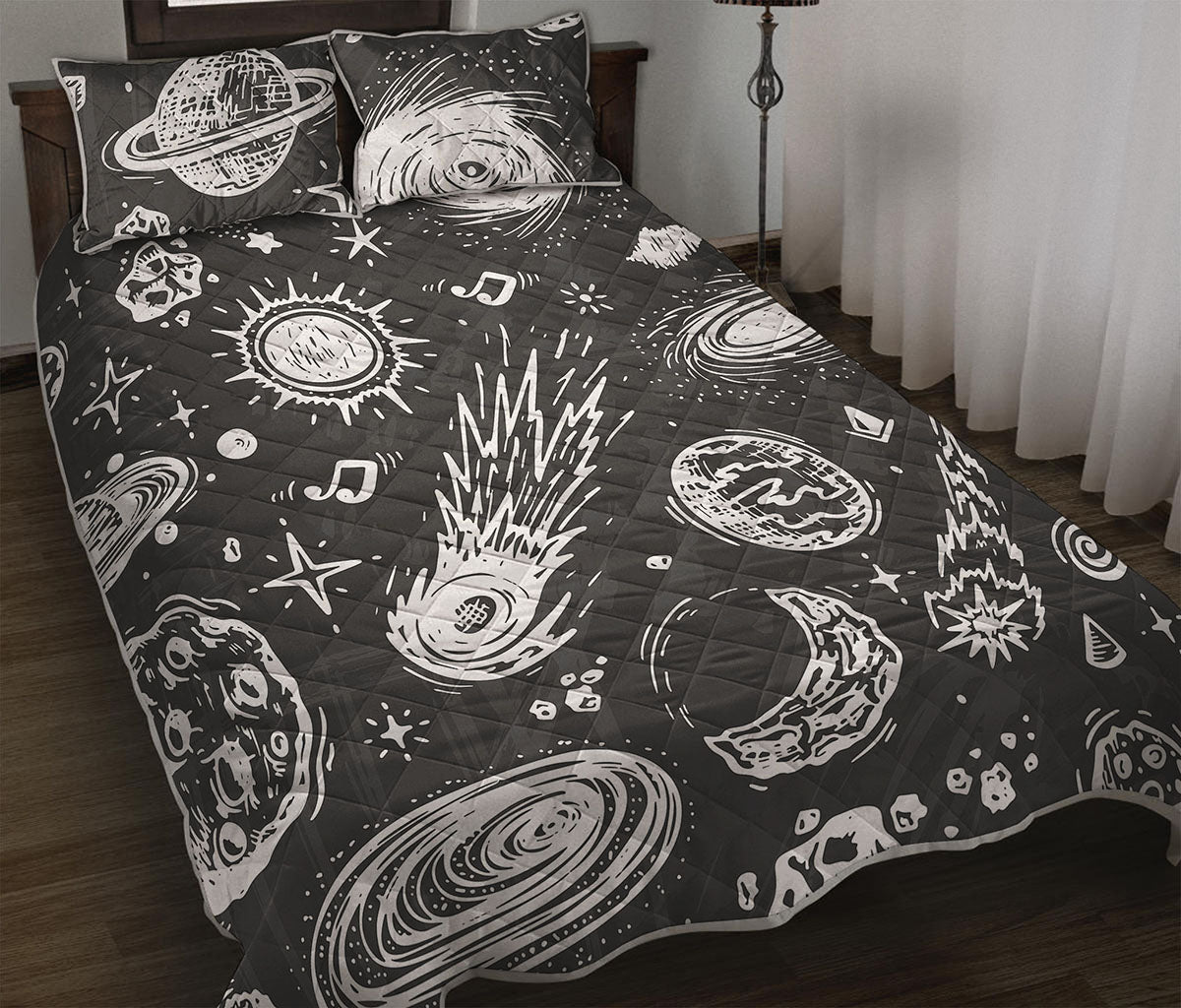 Black White Galaxy Outer Space Print Quilt Bed Set