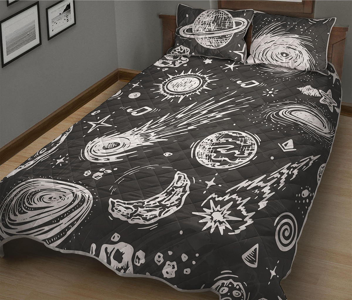 Black White Galaxy Outer Space Print Quilt Bed Set