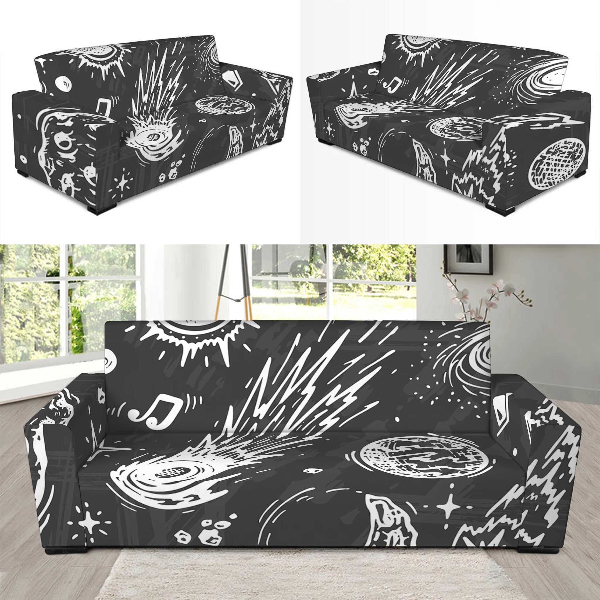 Black White Galaxy Outer Space Print Sofa Slipcover