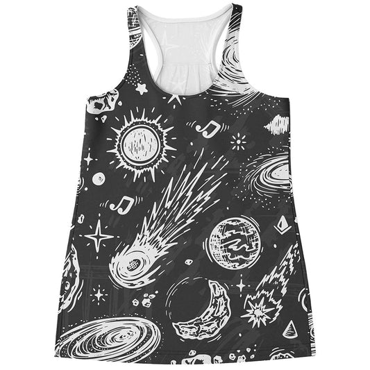 Black White Galaxy Outer Space Print Women's Racerback Tank Top