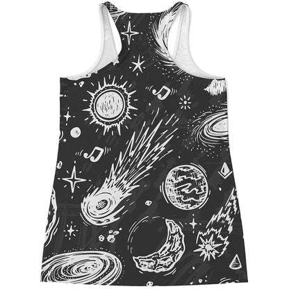 Black White Galaxy Outer Space Print Women's Racerback Tank Top