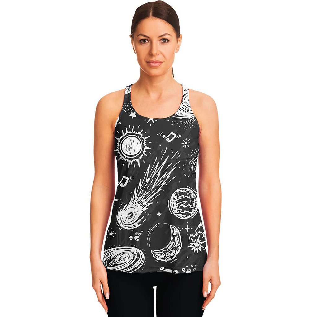Black White Galaxy Outer Space Print Women's Racerback Tank Top