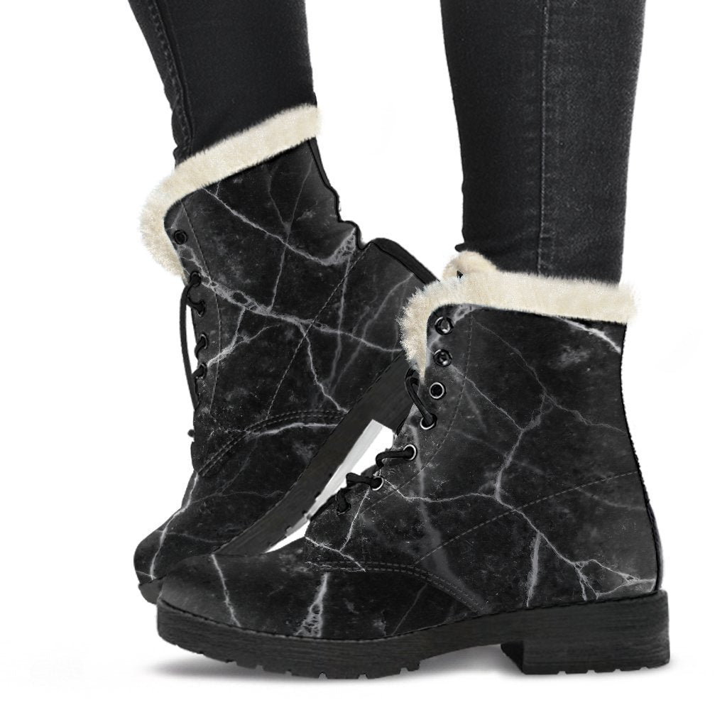 Black White Grunge Marble Print Comfy Boots GearFrost