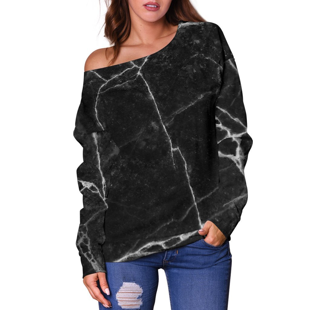 Black White Grunge Marble Print Off Shoulder Sweatshirt GearFrost