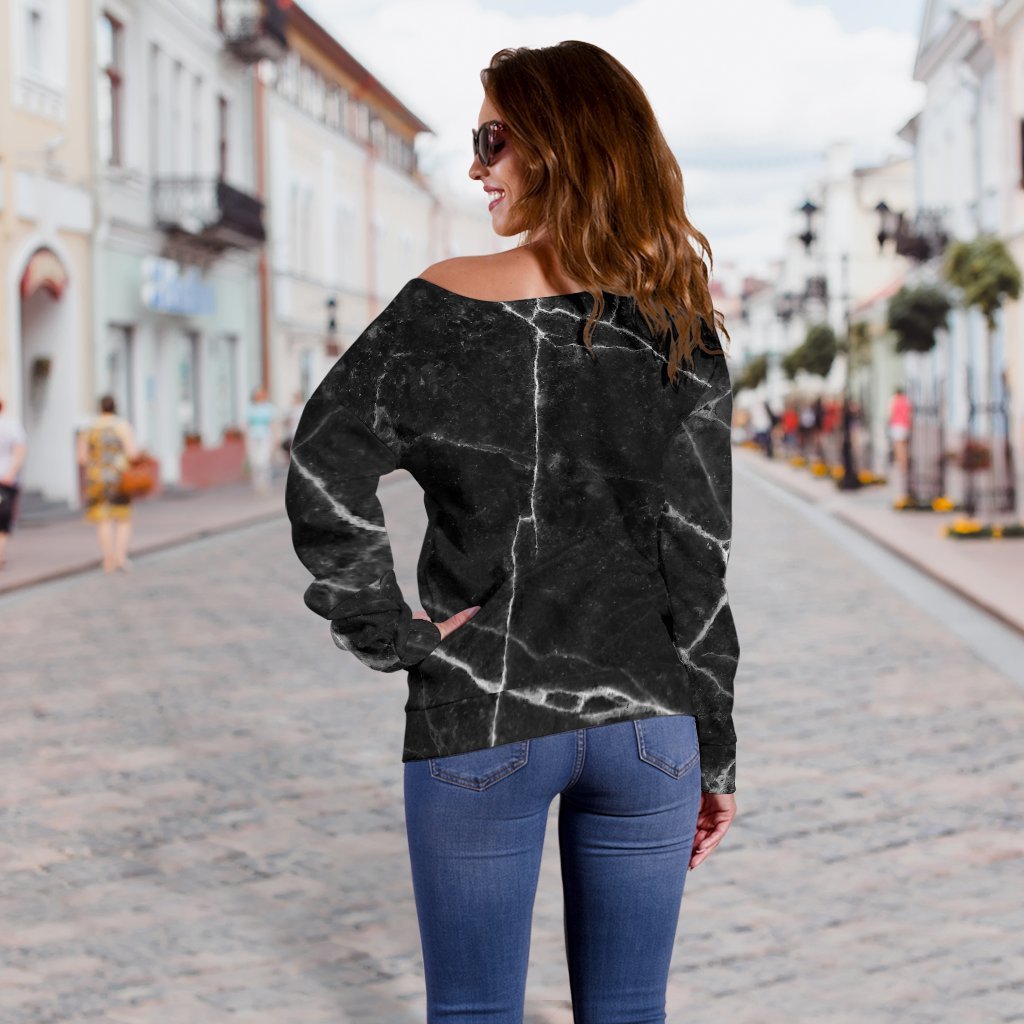 Black White Grunge Marble Print Off Shoulder Sweatshirt GearFrost