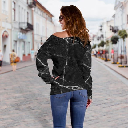 Black White Grunge Marble Print Off Shoulder Sweatshirt GearFrost