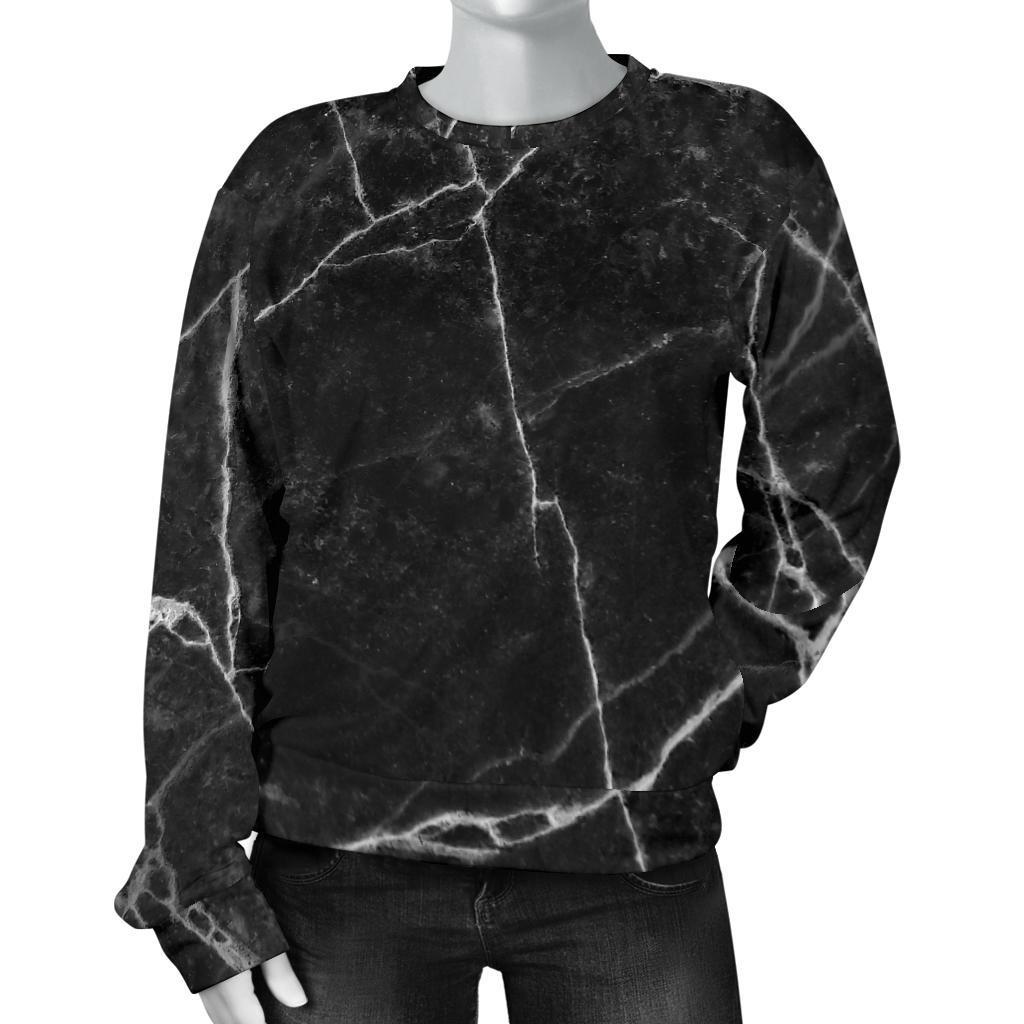 Black White Grunge Marble Print Women's Crewneck Sweatshirt GearFrost