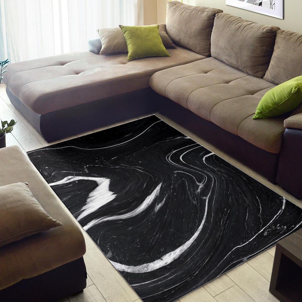 Black White Liquid Marble Print Area Rug GearFrost