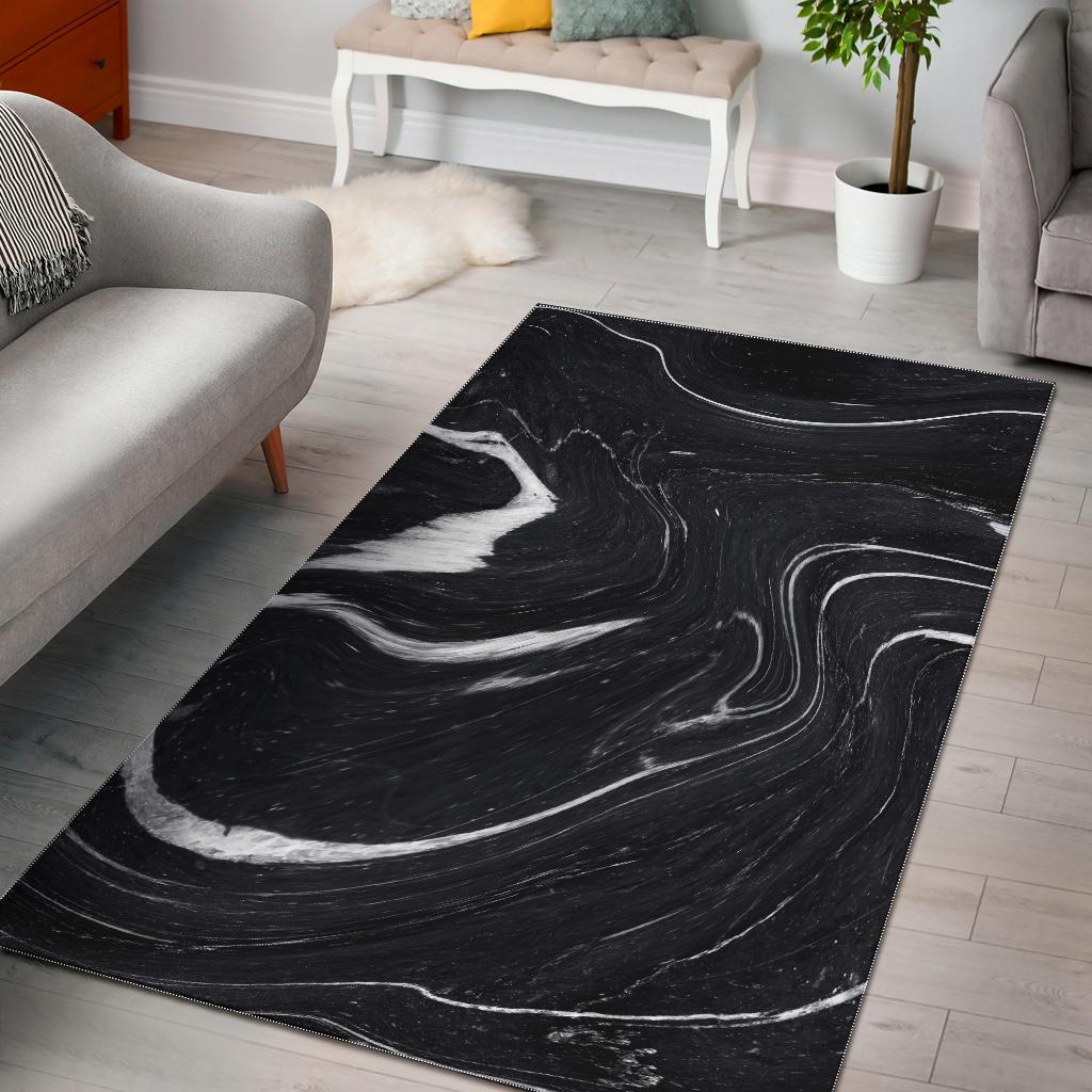 Black White Liquid Marble Print Area Rug GearFrost