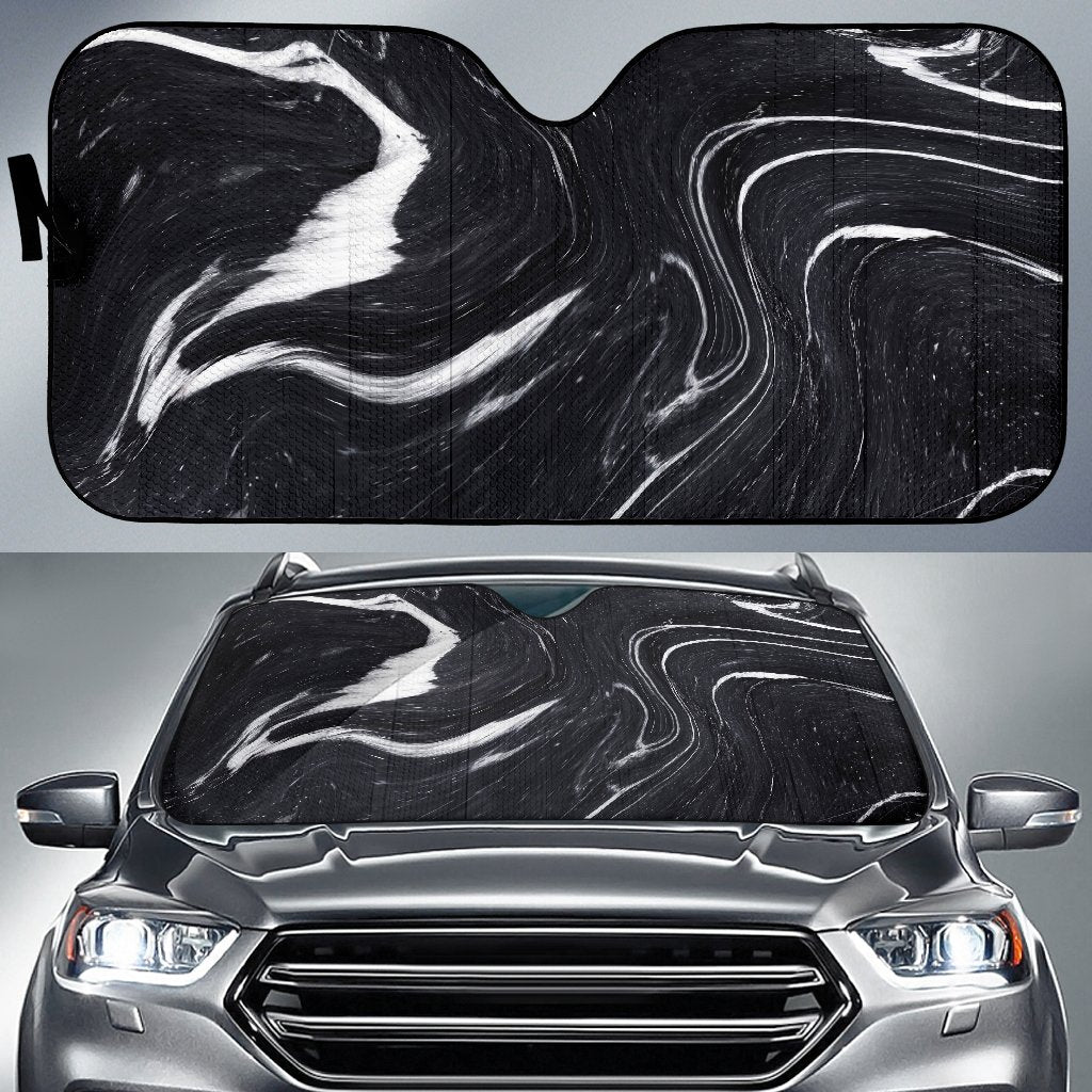 Black White Liquid Marble Print Car Sun Shade GearFrost