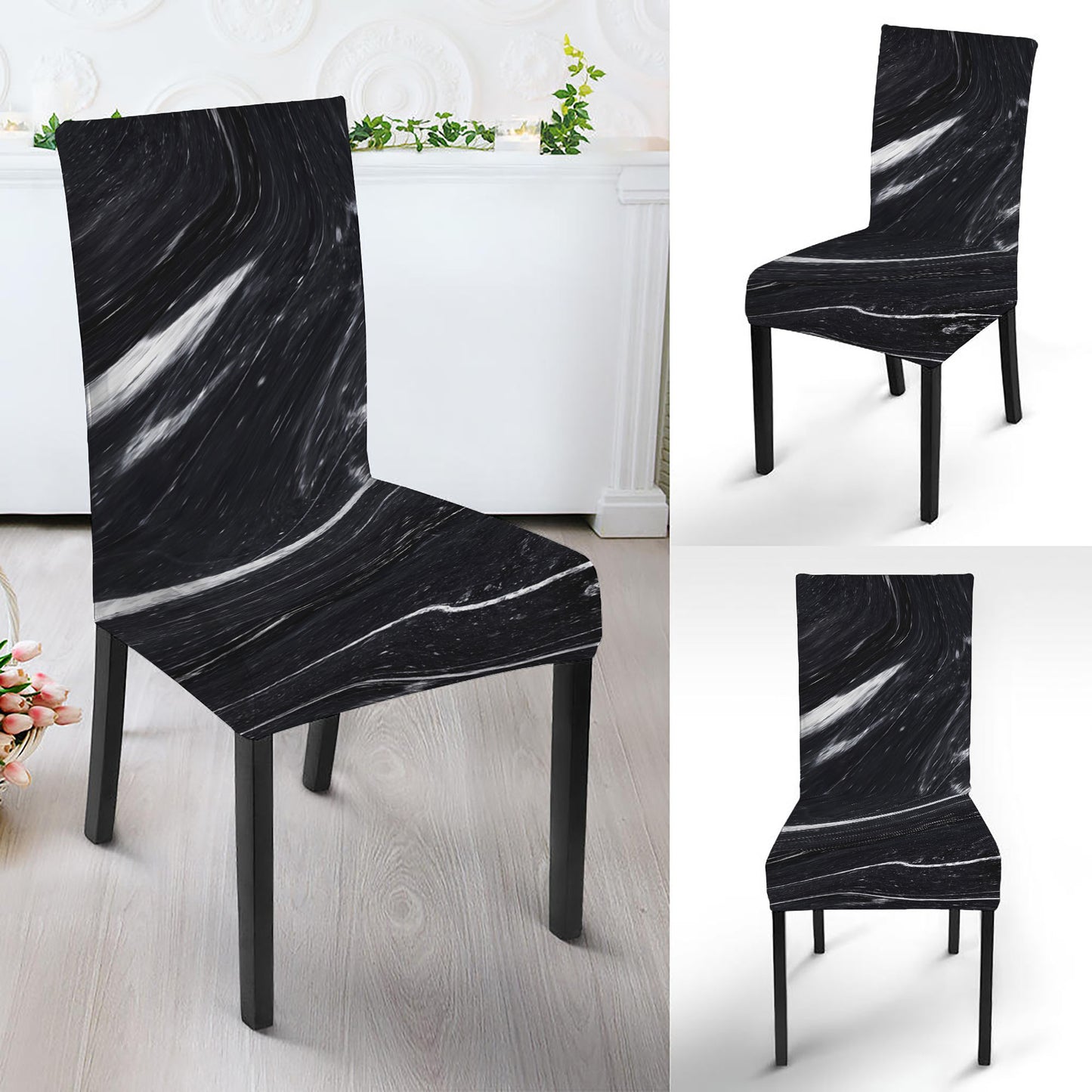 Black White Liquid Marble Print Dining Chair Slipcover