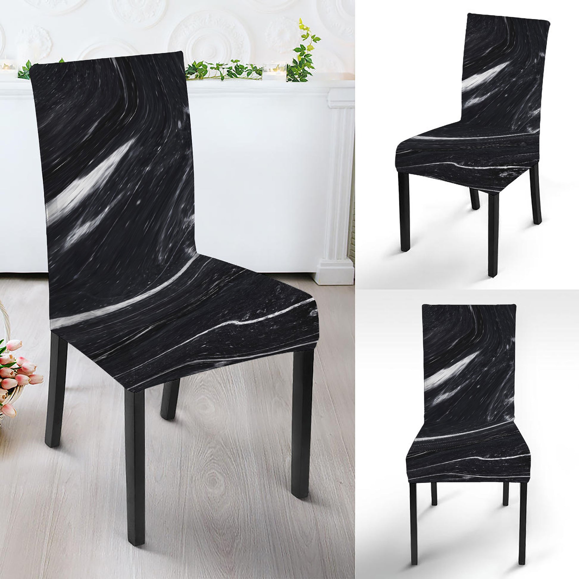 Black White Liquid Marble Print Dining Chair Slipcover