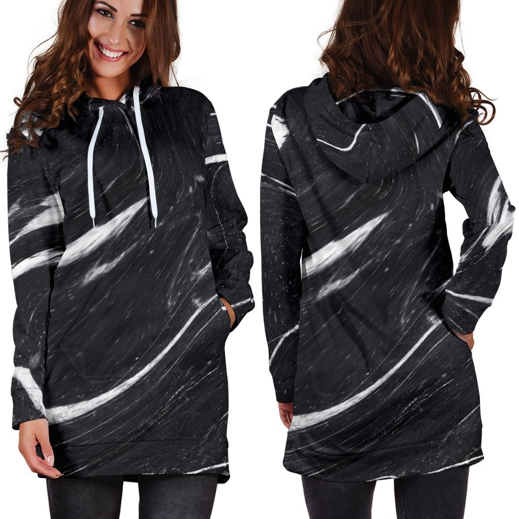 Black White Liquid Marble Print Hoodie Dress GearFrost